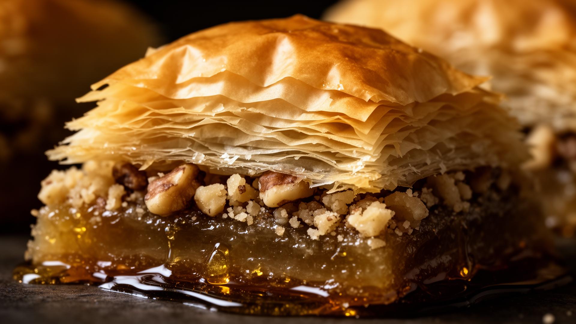 Capas doradas de masa filo con nueces y miel
